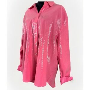GeeGee Pink Sequin Button Up Blouse Plus Size 1XL Oversized Tunic Top